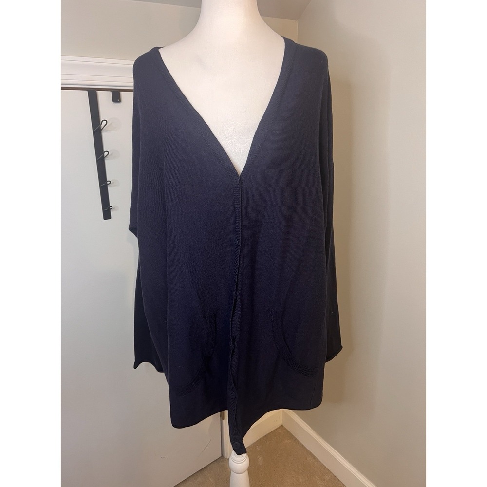 Eileen Fisher Navy Blue‎ 100% Merino Wool Long Cardigan Sweater Large L/G V-Neck